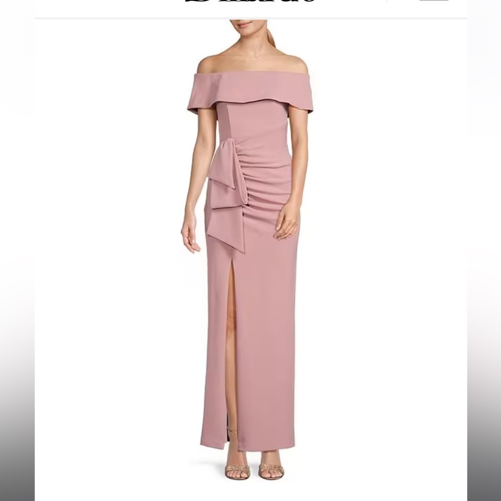 Xscape Off-the-Shoulder Ruched Ruched Waist Scuba Crepe Thigh High Slit Gown